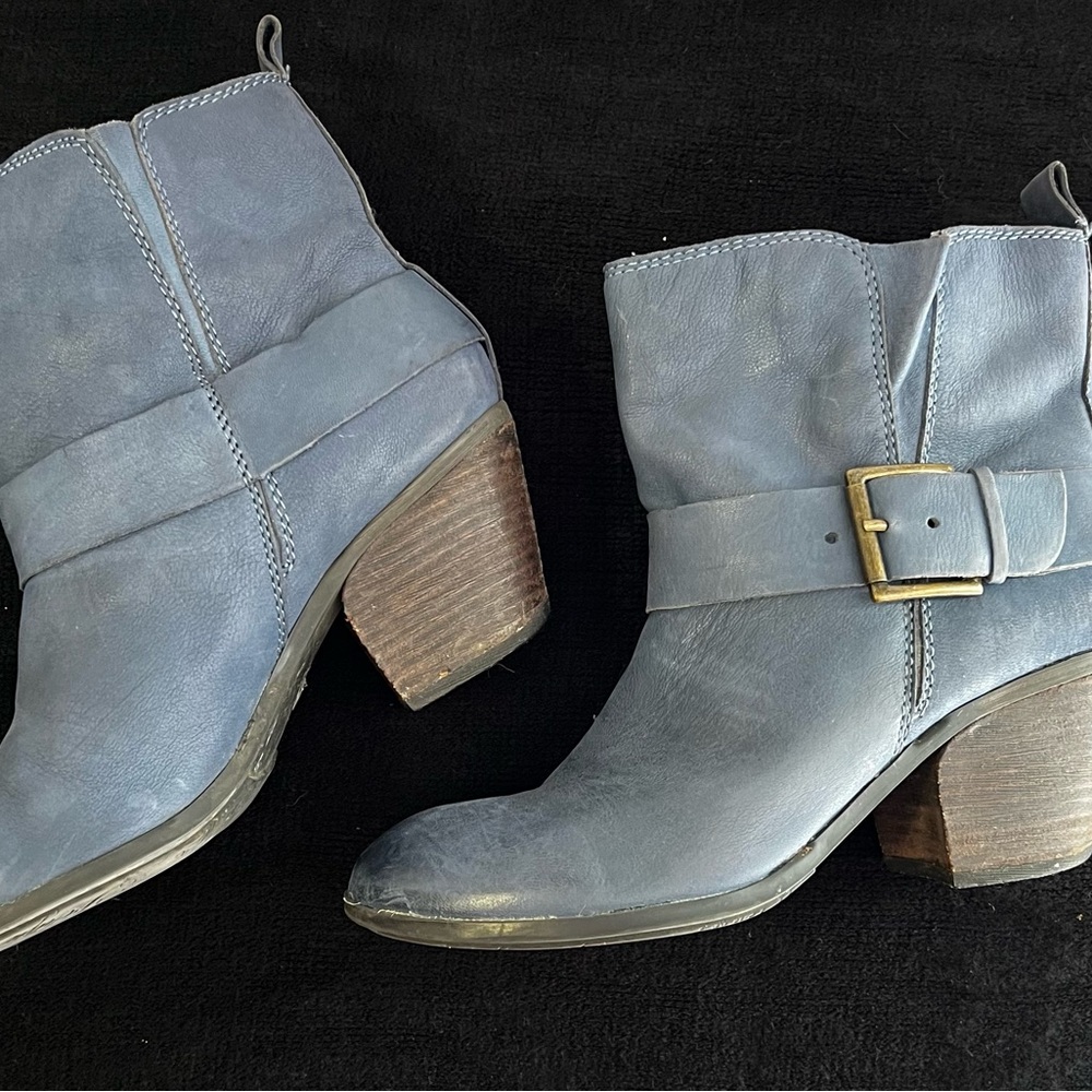 Fergie Leather Distressed Denim Blue Ankle Boots with Buckle Detail 8.5
